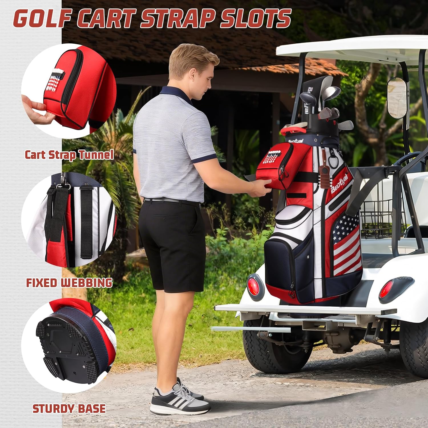 T Lock Golf Cart Bag, 14 Way Full Length Divider Golf Bag for Men | USA Flag Design, 14 Way Full Length Dividers, T Lock Compatible, Cooler Pocket