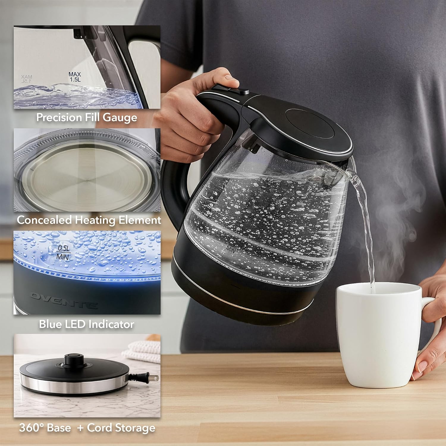OVENTE 1.5L Glass Electric Kettle Water Boiler, Black KG83B | 1100W Fast Boiling, Borosilicate Glass, BPA-Free, Blue LED, Auto Shut-Off, Boil-Dry Protection, Removable Filter, 360° Base