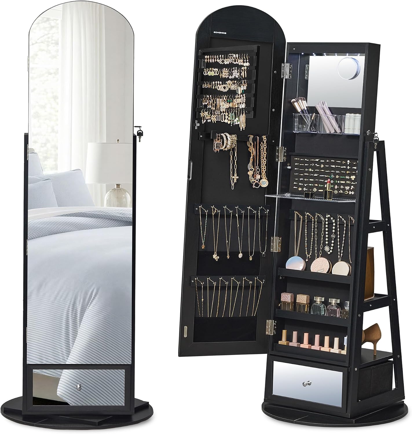 SONGMICS 360° Swivel Jewelry Cabinet, Full-Length Mirror, Lockable