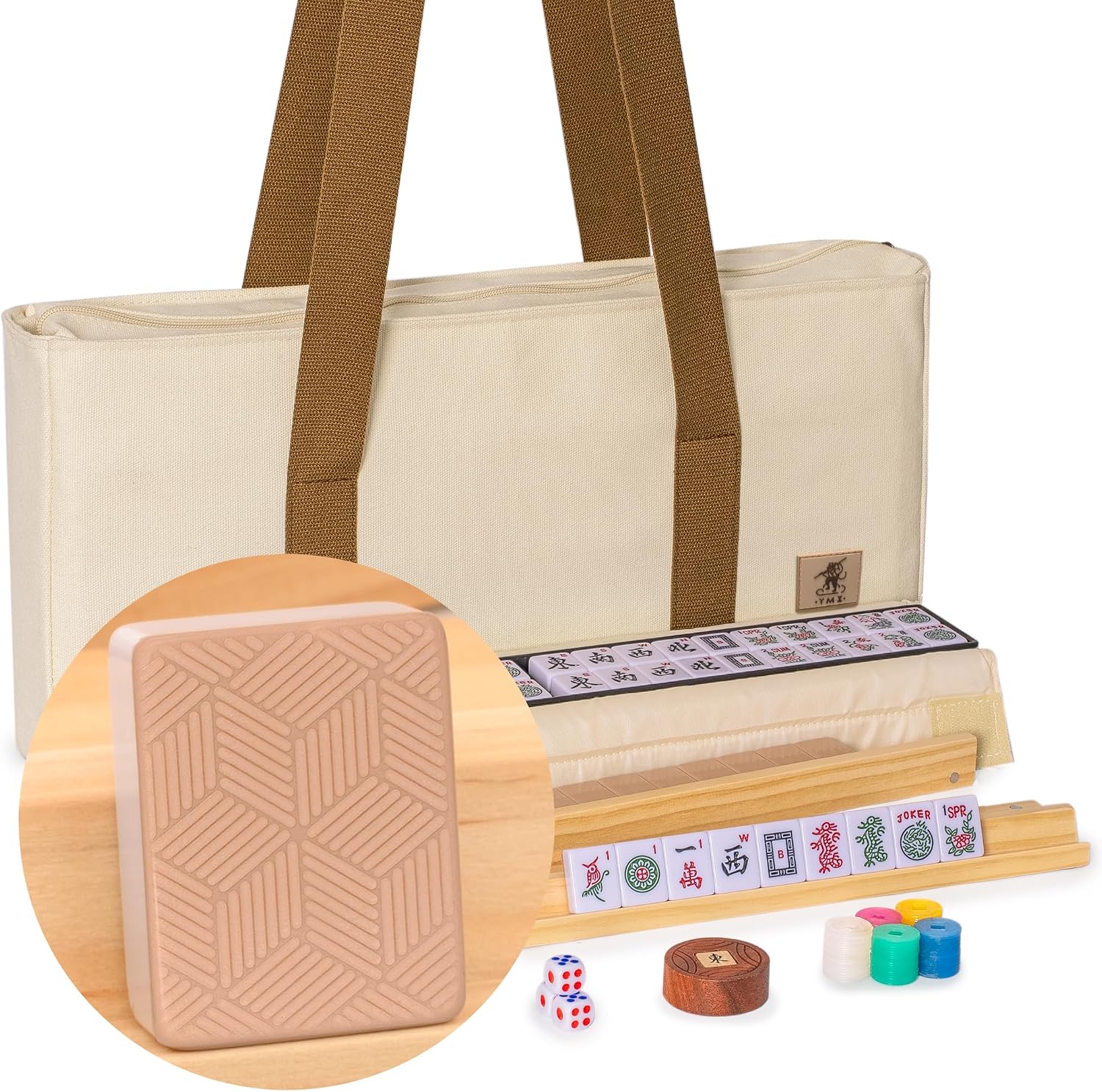 Yellow Mountain Imports American Mahjong Set, Mojave (Ivory) with Brown Soft Case, All-in-One Racks with Pushers, Wright Patterson Scoring Coins, Dice, & Wind Indicator