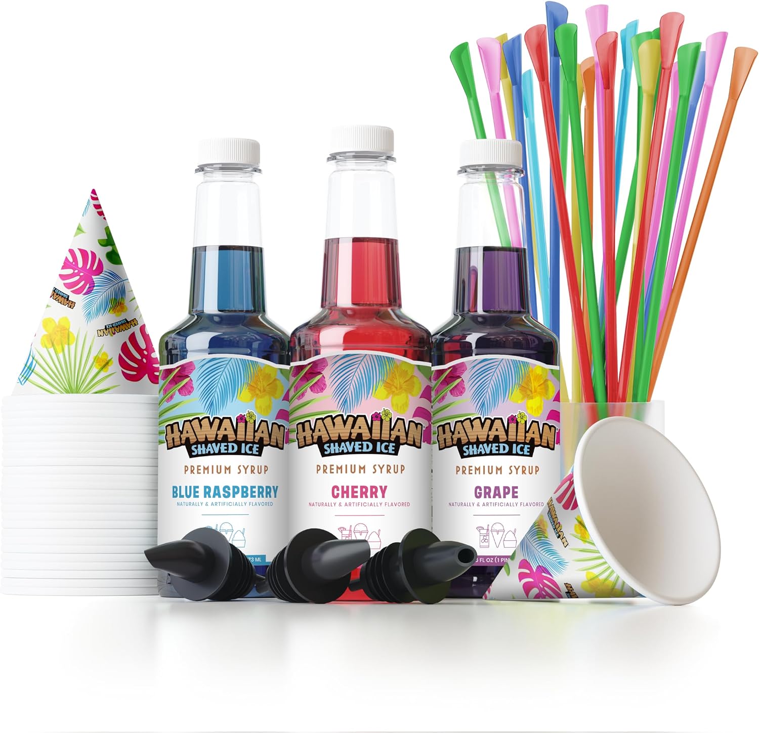Hawaiian Shaved Ice Syrup Assortment with 3 - 16oz Bottles, 25 Snow Cone Cups, 25 Spoon Straws, and 3 Pouring Spouts. Flavors: Cherry, Blue Raspberry