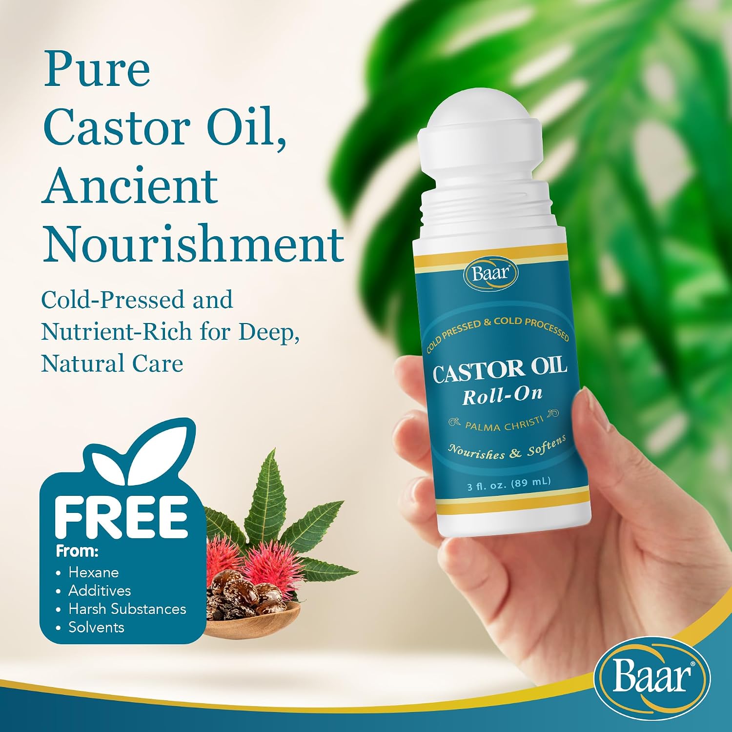 Baar Cold-Pressed Castor Oil, Cold-Processed, Hexane-Free, Palma Christi, for Skin, Hair, Massage & Castor Oil Packs, BPA-Free Bottle, 32 oz | Hexane free, Palma Christi oil, BPA-free bottle, skin, hair and massage applications