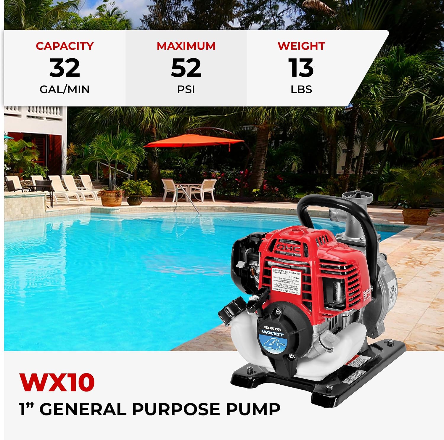 Honda Power Equipment WX10 52 PSI 4-Stroke Commercial Engine Gasoline Powered Water Pump with Hose Adapter, Suction Hose, Clamps, and Strainer