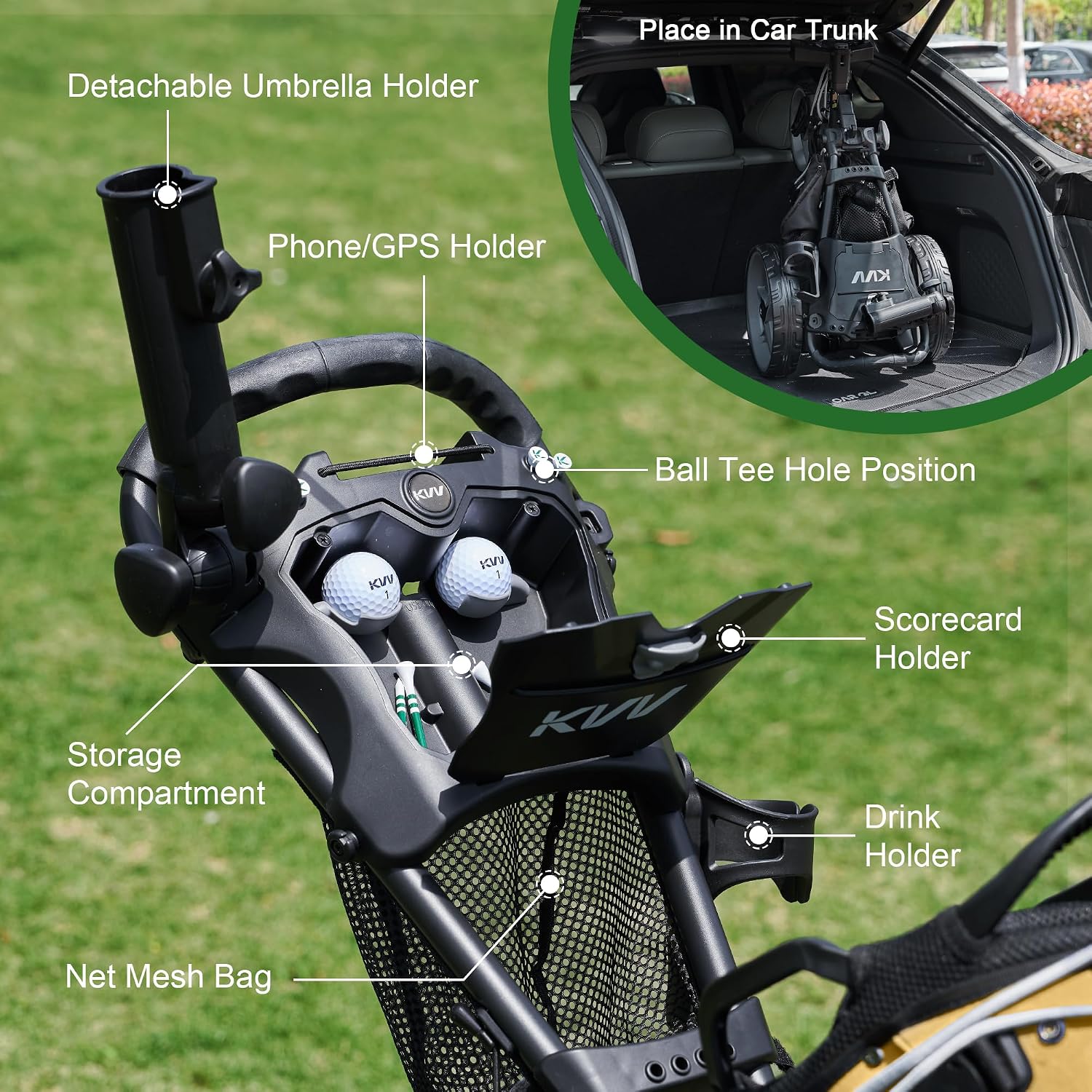 KVV 3 Wheel 360 Rotating Front Wheel Golf Push Cart Open and Close in ONE Second-Free Umbrella Holder Included