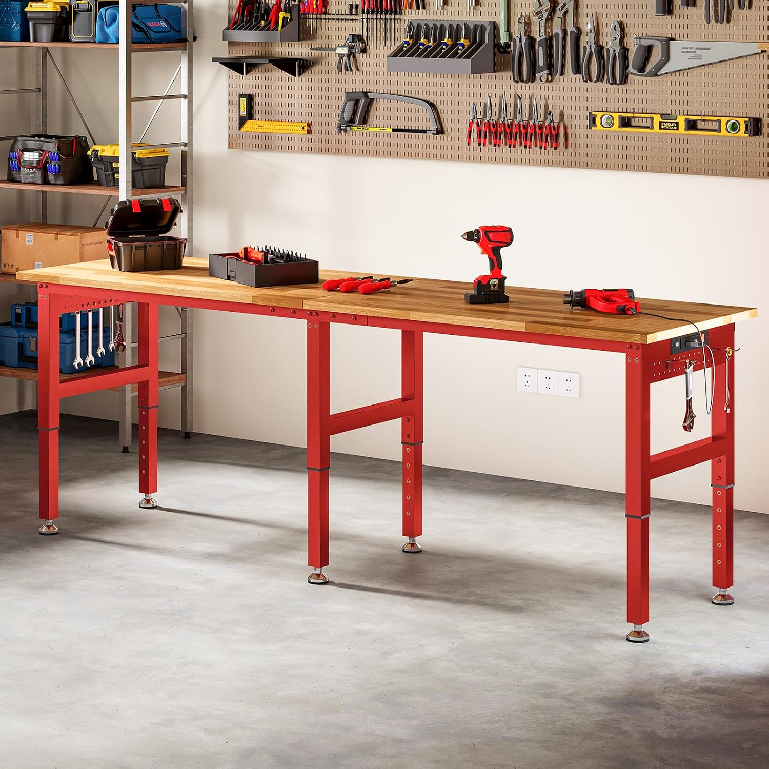 SPECRAFT Adjustable Black Heavy-Duty Workbench | 2000 Lbs Capacity, Rubber Wood Top, 4 AC Outlets and 2 USB Ports, for Garage, Workshop and Office
