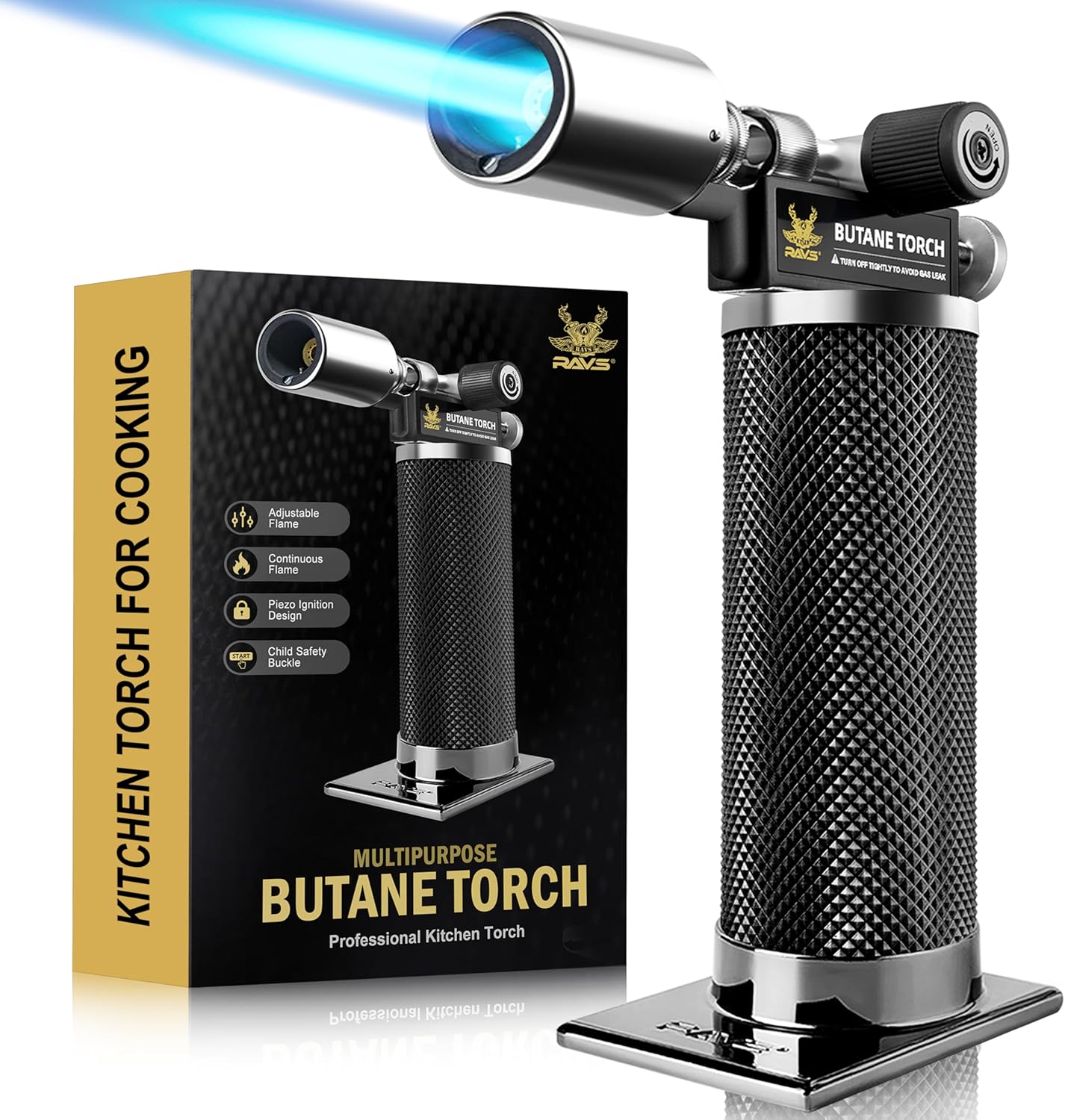 RAVS Butane Torch Lighter, Premium Metal Kitchen Torch with Adjustable Flame & Safety Buckle, Refillable Creme Brulee Torch for Baking, BBQ, DIY