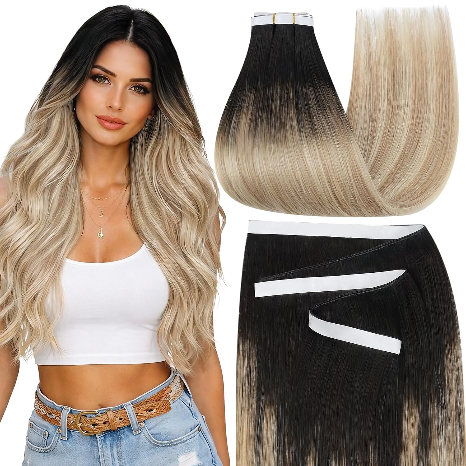 Moresoo Black Tape in Hair Extensions Human Hair, 18 Inch, 20Pcs, 50g
