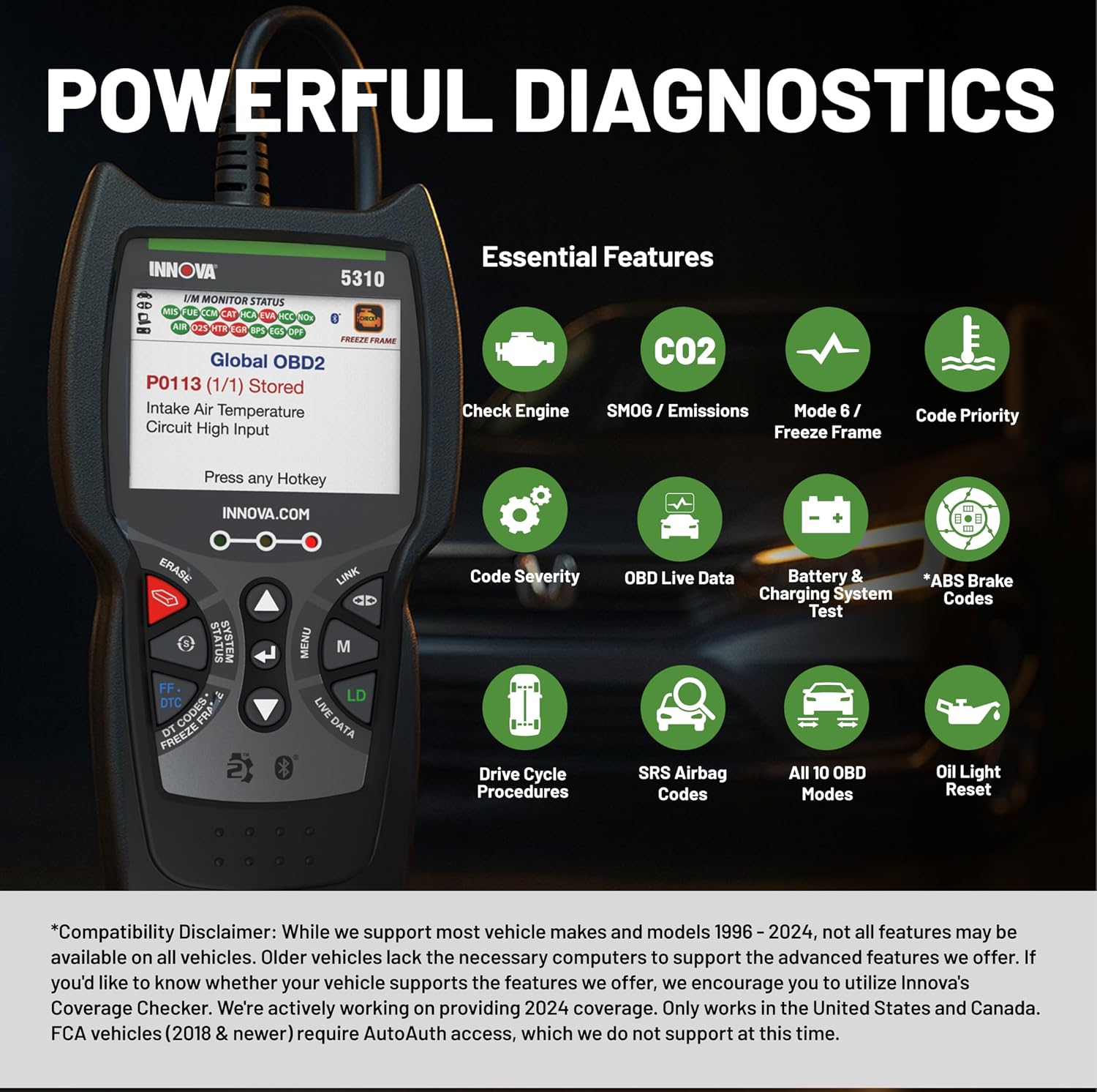 INNOVA 5310 OBD2 Scanner – ABS & SRS Code Reader, Check Engine Light Diagnostic Tool with Battery Test, Oil Reset
