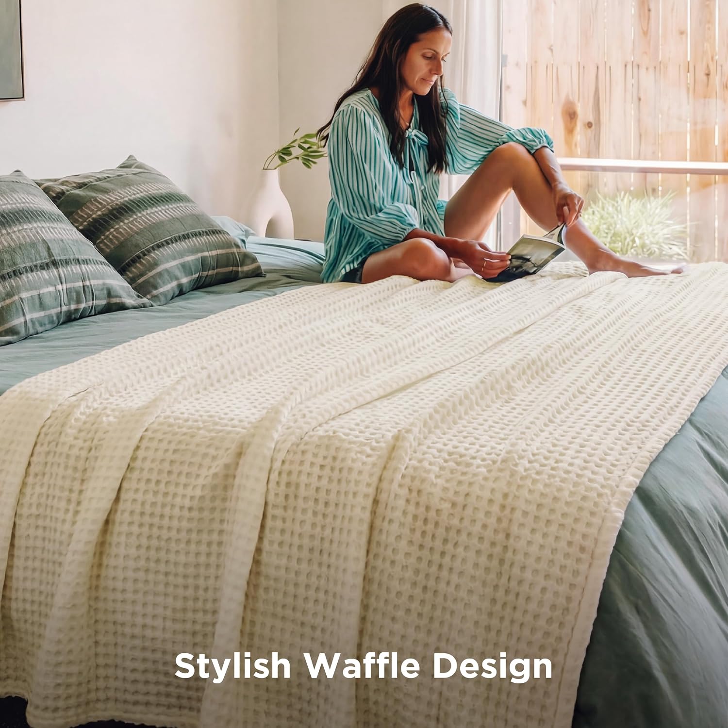 Bedsure Cooling Waffle Blanket for Hot Sleepers, Ivory, Queen, 90"x90"