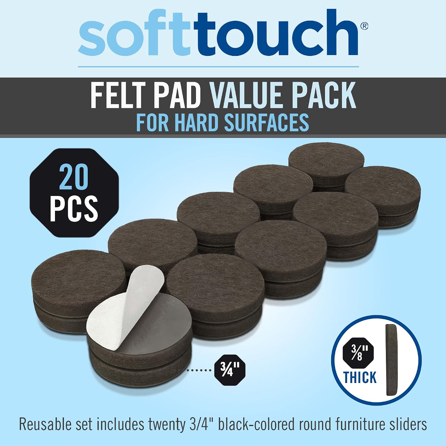 softtouch 1 1/2" Round Heavy Duty Felt Furniture Pads for Hardwood, Brown (24 Pack)