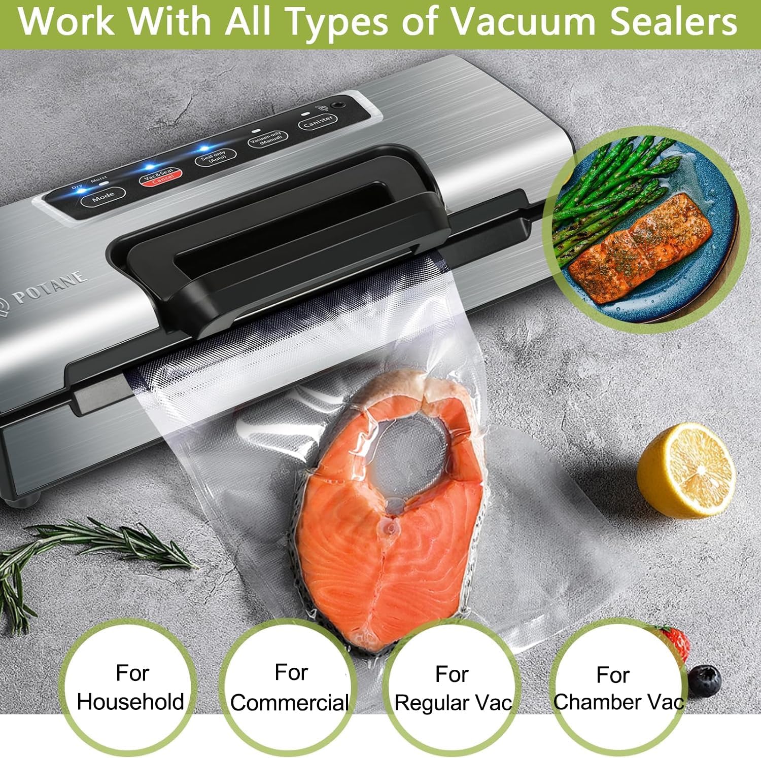 POTANE 6 Pack 11"x20'(3Rolls) and 8"x20' (3Rolls)Thickened Vacuum Sealer Bags, Smell-Proof, Puncture Prevention, Heavy duty for POTANE, Food Saver