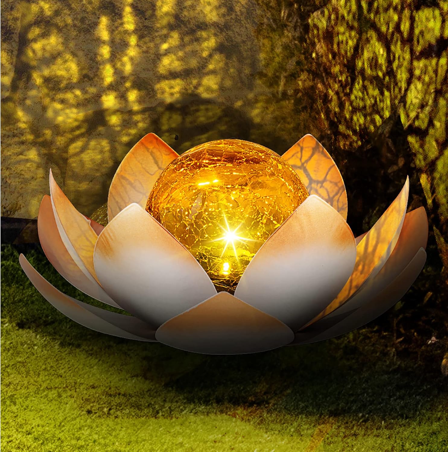 Huaxu Solar Lights Outdoor Garden, Crackle Globe Glass Lotus Decor, Waterproof LED Metal Flower Decorations for Patio,Lawn,Walkway,Tabletop,Ground