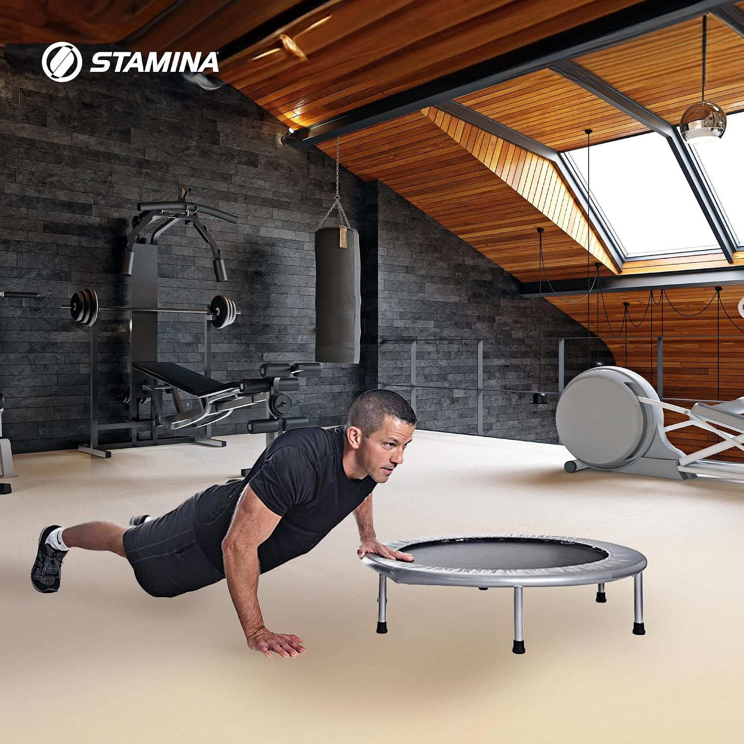 Stamina 36" Foldable Mini Trampoline Rebounder for Adults with Smart Workout App, Black - Portable Fitness Equipment for Home Gym, Cardio and Jumping Training Exercise