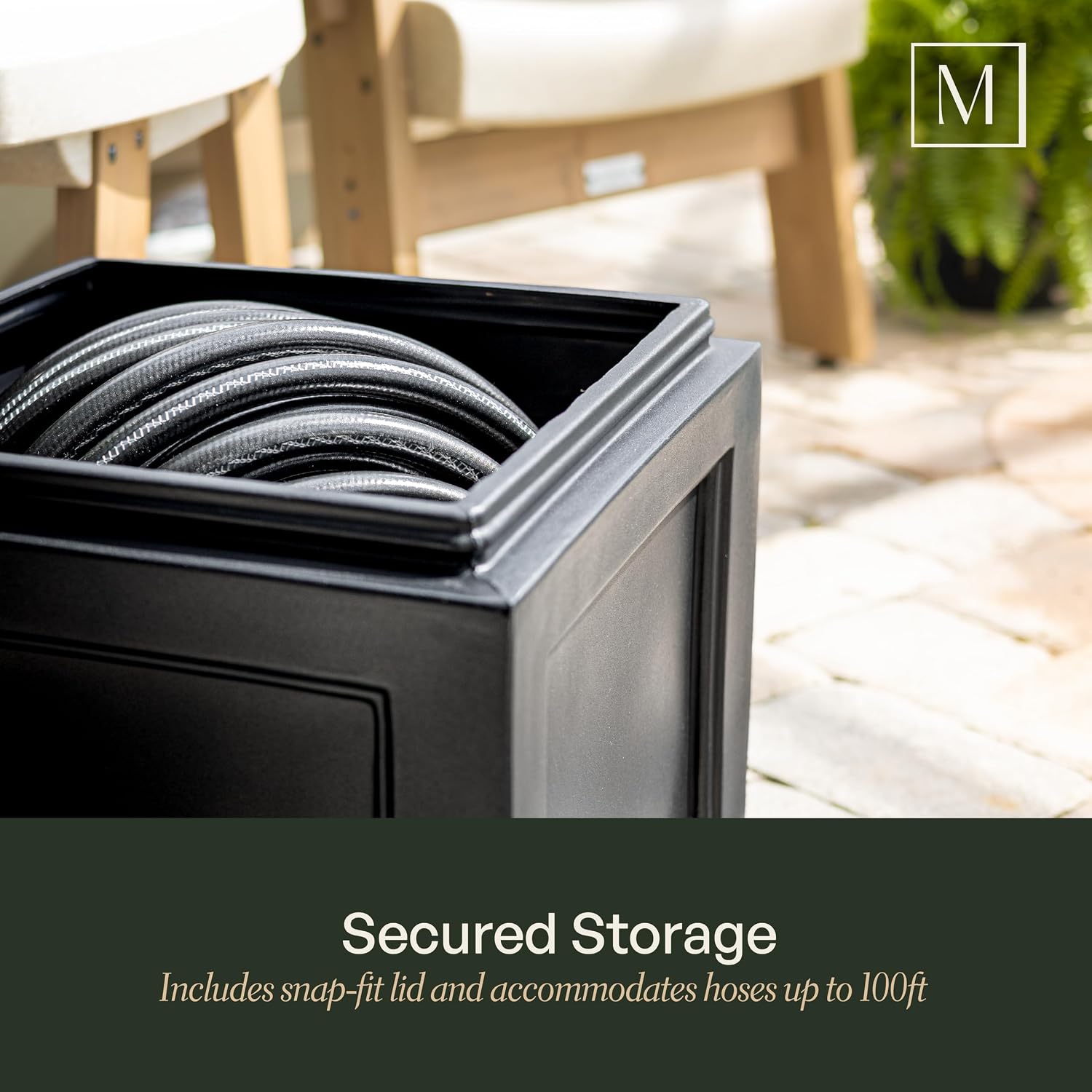 Mayne Fairfield Garden Hose Bin - Black - 17in L x 17in W x 18in H - Holds up to 100 ft. of standard garden hose (5858-B) | Concealed storage, Holds 100ft hose, Fade resistant, All-season, 15-year warranty