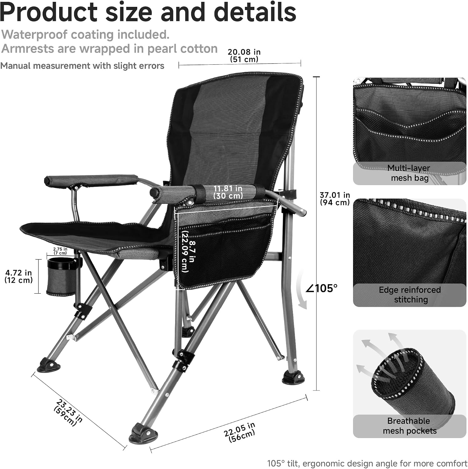 Adjustable Back Folding Camping Chair for Camp, Picnic, Lawn, Fishing | Adjustable Back; Weight Capacity 400 LBS;Hard Arm Portable Chair;Cup Holder;Storage Bag;carrying bag