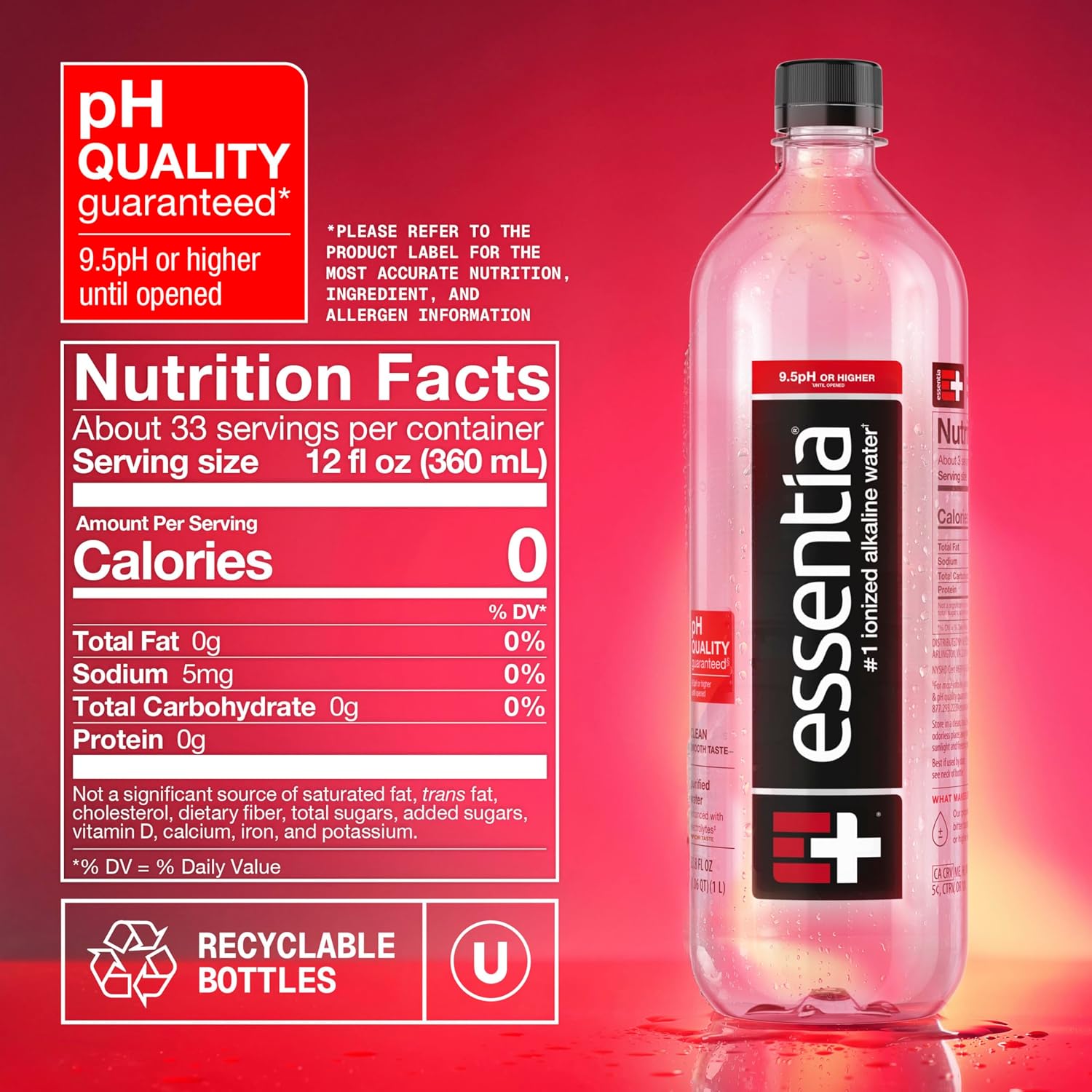 Essentia Water LLC, Ionized Alkaline Bottled Water; 99.9% Pure, Infused with Electrolytes, 9.5 pH or Higher a Clean, Smooth Taste, 20 Fl Oz (Pack of 24)
