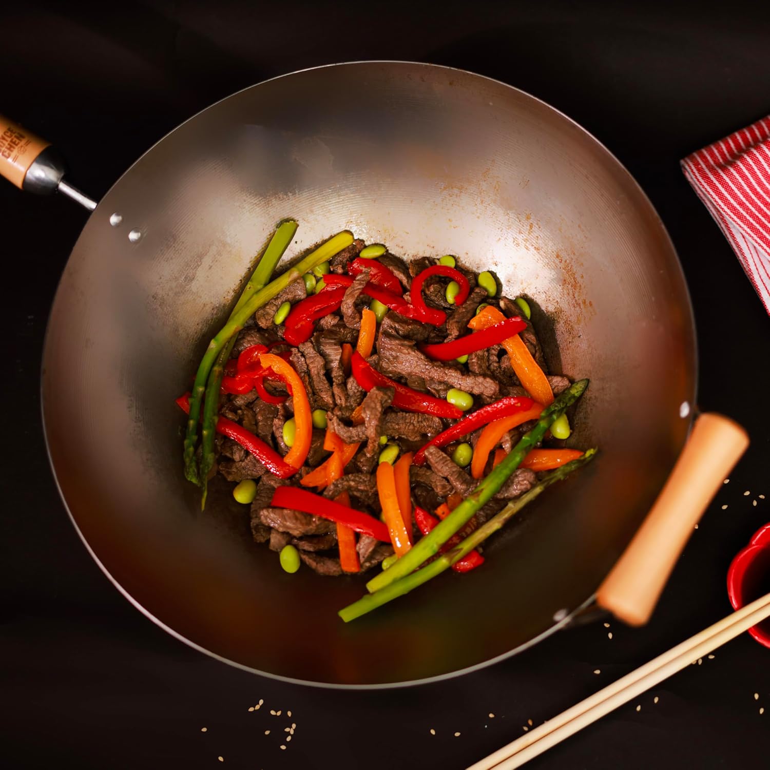 JOYCE CHEN Classic Series 12-Inch Carbon Steel Stir Fry Pan with Birch Handle