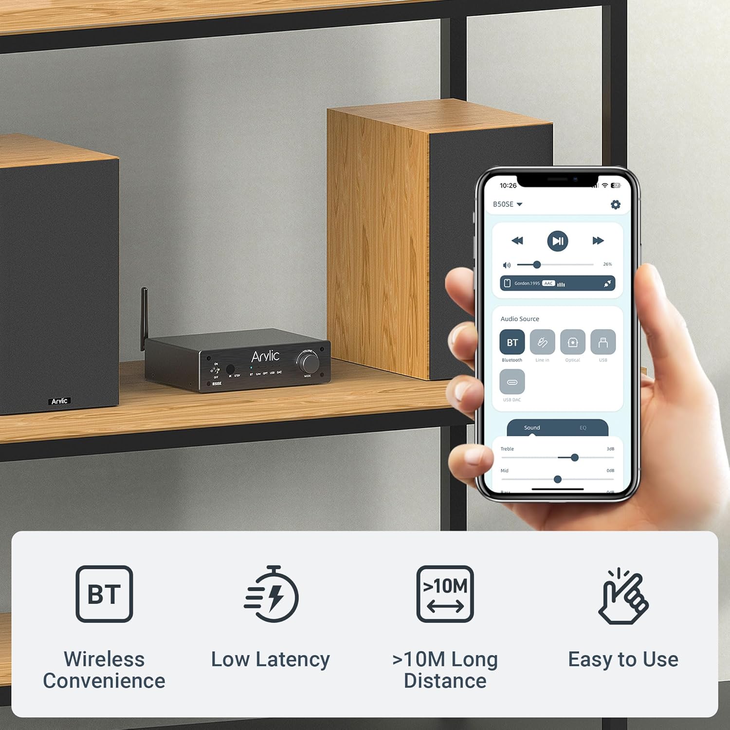 Arylic B50SE Bluetooth 5.1 Stereo Receiver 2.1 Channels Mini Class D Integrated Home Speaker Amplifier 50W x 2, Stable and Remote