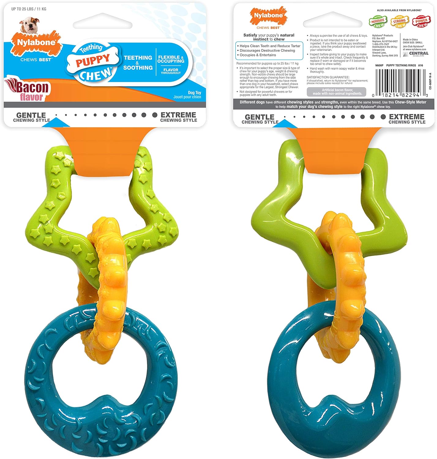 Nylabone Puppy Pacifier Chew Toy, Teething Toys for Puppies up to 25 lbs | Puppy teething toys with bacon flavor, soft material, textured nubs massage gums