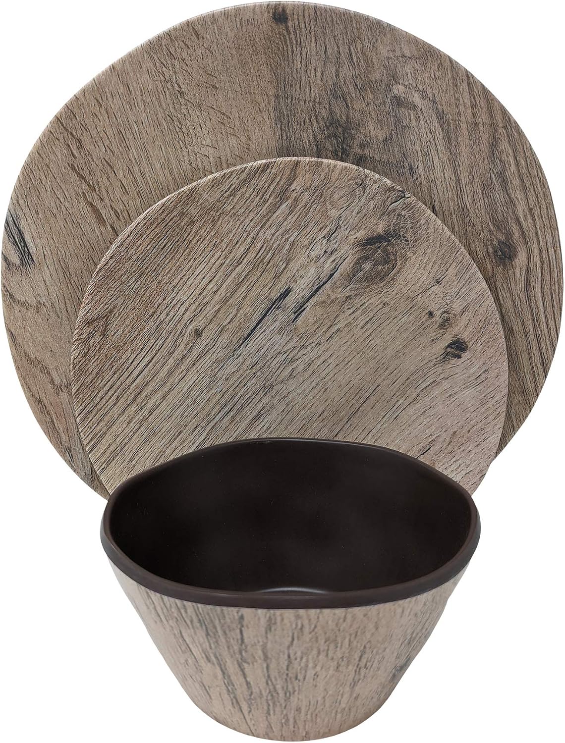Gianna's Home 12 Piece Rustic Farmhouse Melamine Heavy Weight Plastic Dinnerware Set Wood Grain
