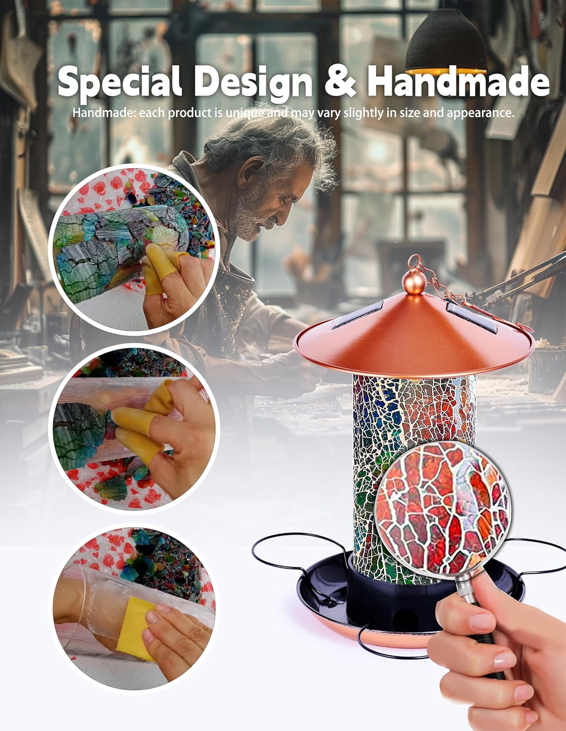 XDW-GIFTS Mosaic Solar Wild Bird Feeder, Waterproof Lantern Shape with S-Hook & 4 LED Lights, Garden Decor for Lawn, Patio, Balcony, Yard Ornament - Unique Gifts for Mom, Women, Grandma, Bird Lovers
