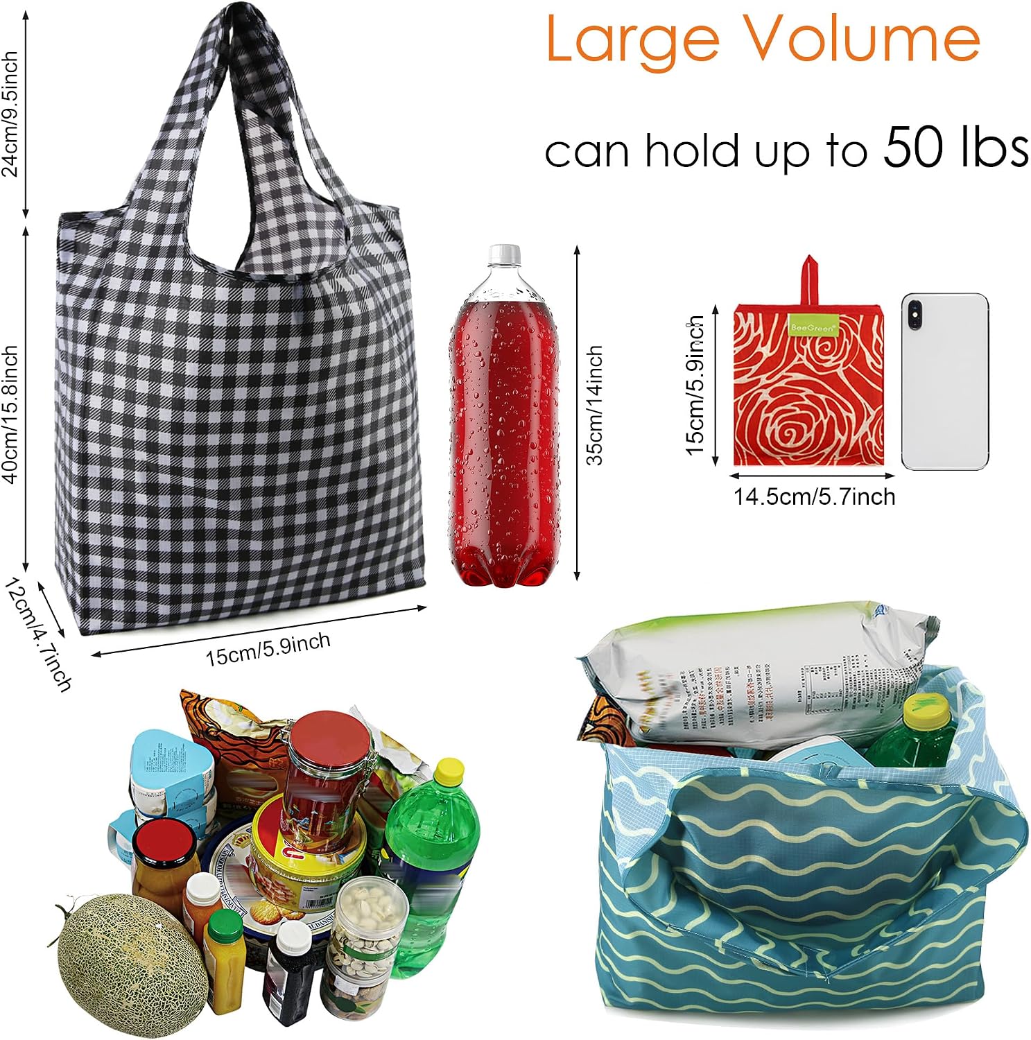 BeeGreen Grocery Bags | Reusable Gift Bags, Large Tote for Women & Foldable Beach Bag - 6 Pack Reusable Bag With Handles | Collapsible Cute Cloth Storage for Market, Holiday & Shopping | Washable​