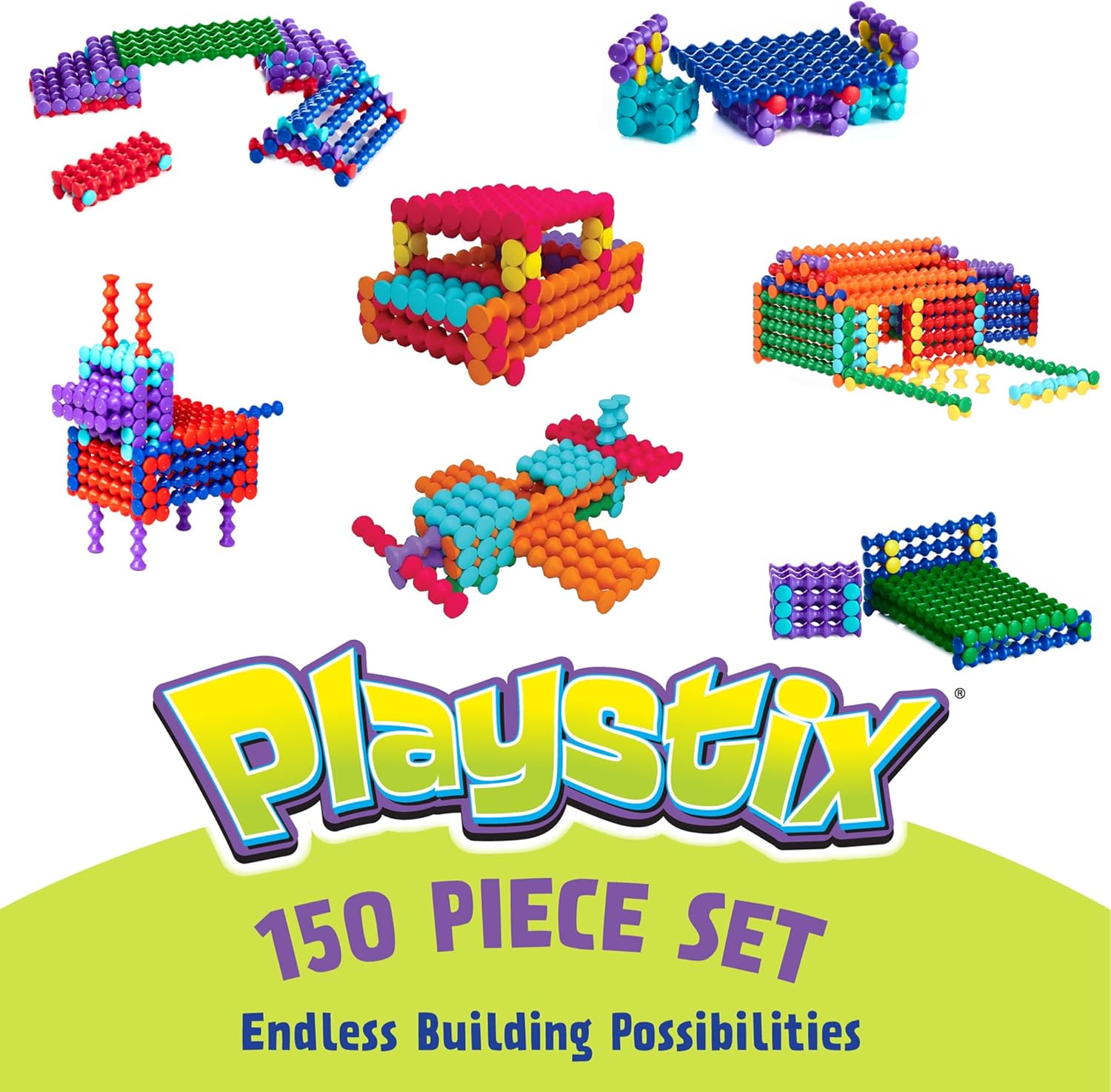POPULAR PLAYTHINGS Playstix Construction Toy Set, 150 Piece Kit | for Kids Ages 4 and Up, Building Sticks for STEM and Classroom Use
