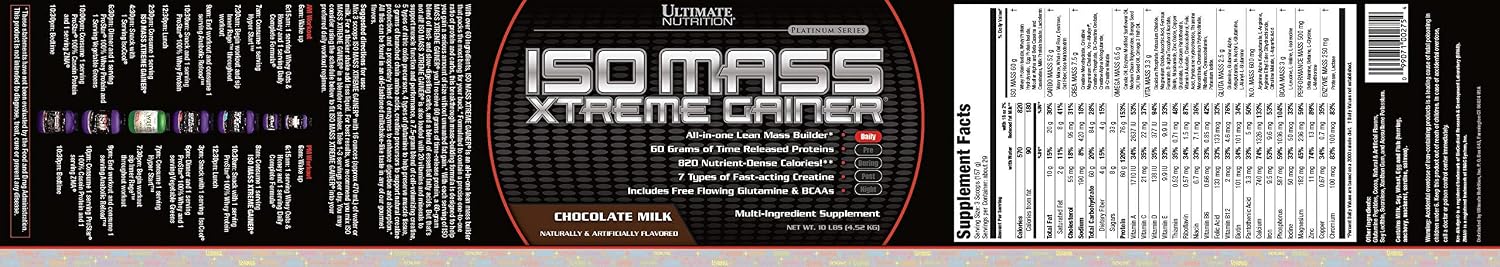 Ultimate Nutrition ISO Mass Xtreme Gainer, Chocolate Milk, 10 lb | 60g Whey Protein Blend, 60g Complex Carbs, 7 Types Of Creatine, 4 Types Glutamine, Lean Mass Gainer For Recovery