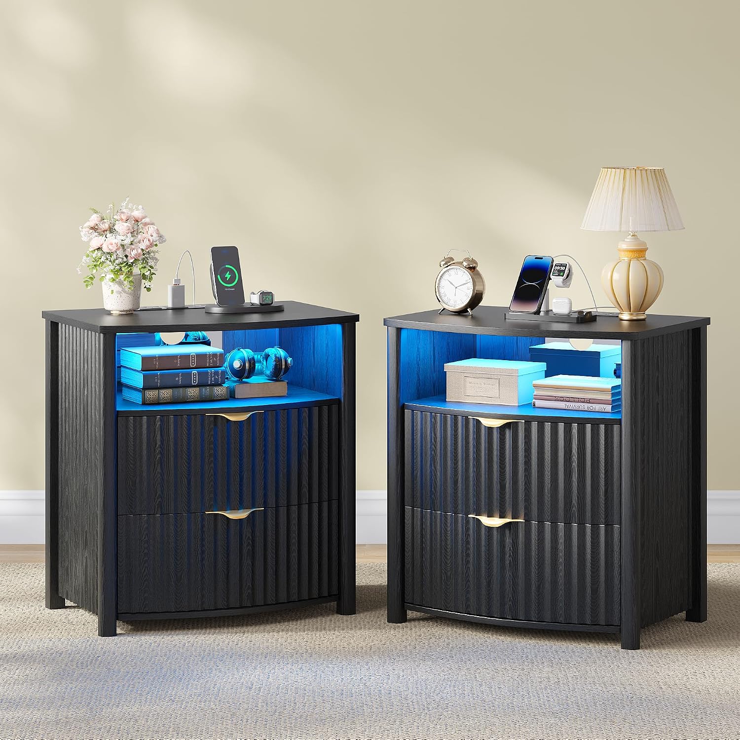 Dystler Fluted LED Night Stand with Hidden Gun Drawer & Charging | 19.7" W Curved Smart Bedside Table, 3-Color LED lights, 2 Drawers, Nightstand with Card-Lock, End Table for Bedroom, Walnut