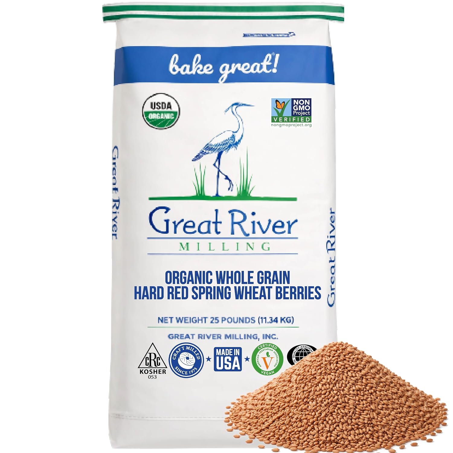 Great River Milling Organic Hard Red Spring Wheat Berries, Non-GMO, 25 lb | Organic Hard Red Spring Wheat Berries for home-milled bread flour, sourdough, sprouting, salads, pilaf and grain bowls