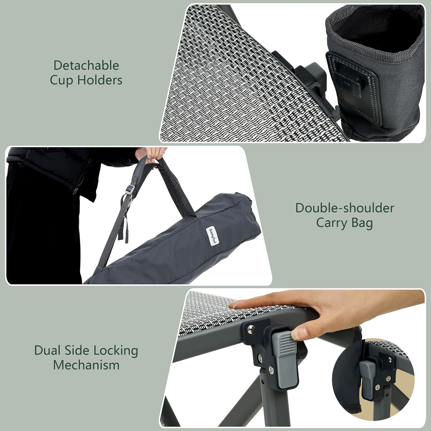 SUNNYFEEL High Back Folding Camping Chair 500 lbs with Aluminum Frame, Grey | Ergonomic Back Support, High-Resilience Fabric & Uv-Rated, Detachable Cup Holder and Carry Bag for Camping, Beach, RV, Patio