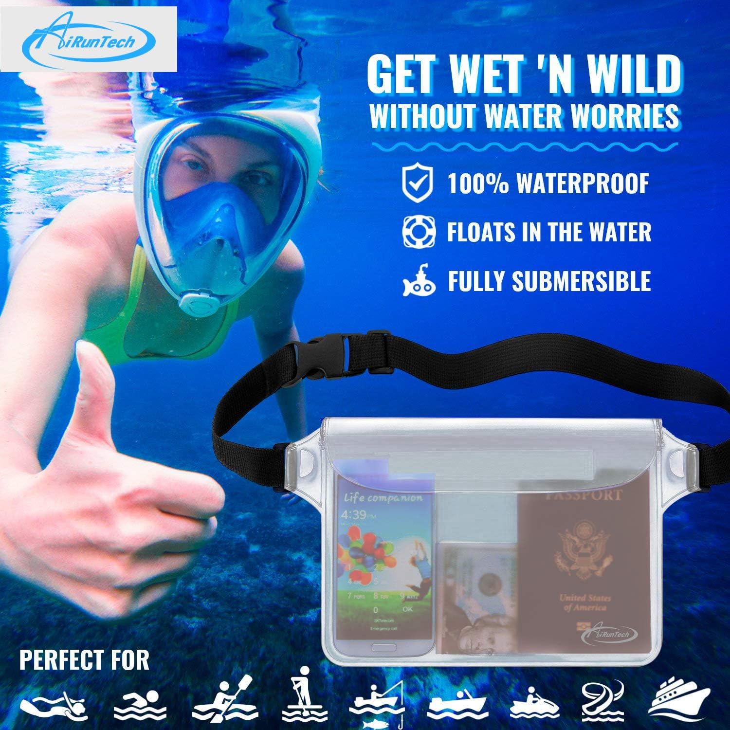 AiRunTech Waterproof Fanny Pack,Phone Pouch Dry Bag for Passport Wallet Purse,Floating Waterproof Bags for Travel Beach Swimming Kayaking Boating Cruise Accessories