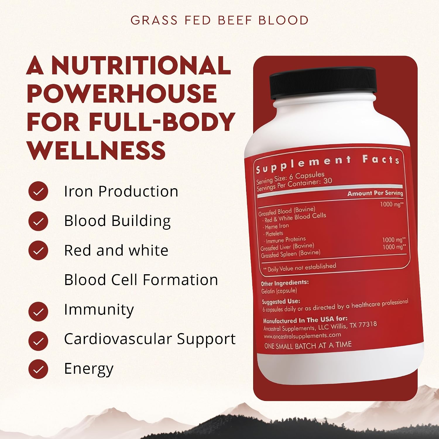 Ancestral Supplements Blood Health Supplement, Organ Formula, 500mg, 180 Ct