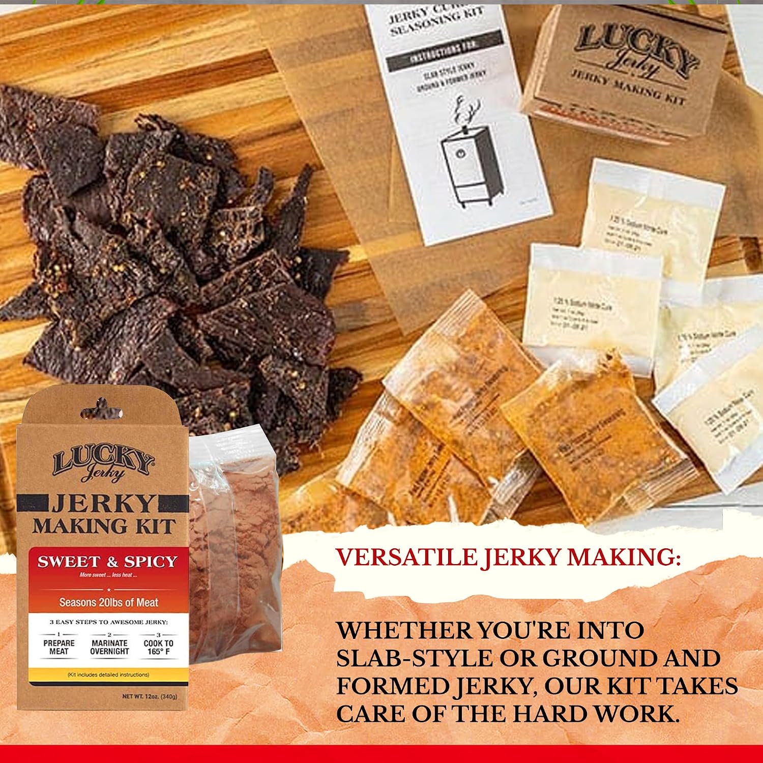 Lucky Jerky Ultimate Savory DIY Beef Jerky Seasoning and Cure Kit, 12 Oz | Make Your Own with Original, BBQ, Teriyaki, and Sweet & Spicy, Seasons 5 lbs per Flavor, 20 lbs Total