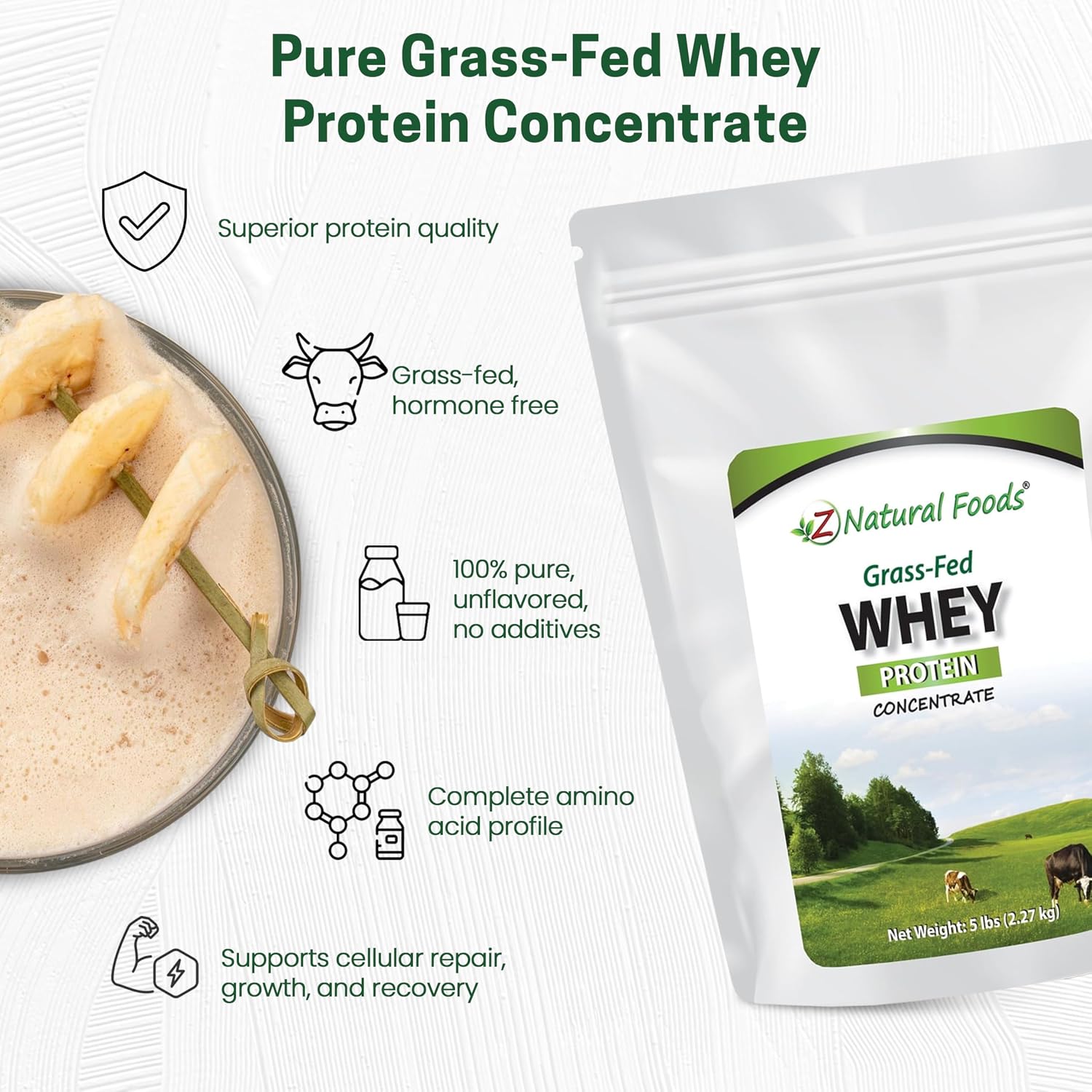 Z Natural Foods Grass-Fed Whey Protein Concentrate - Cold Processed, 1 lb