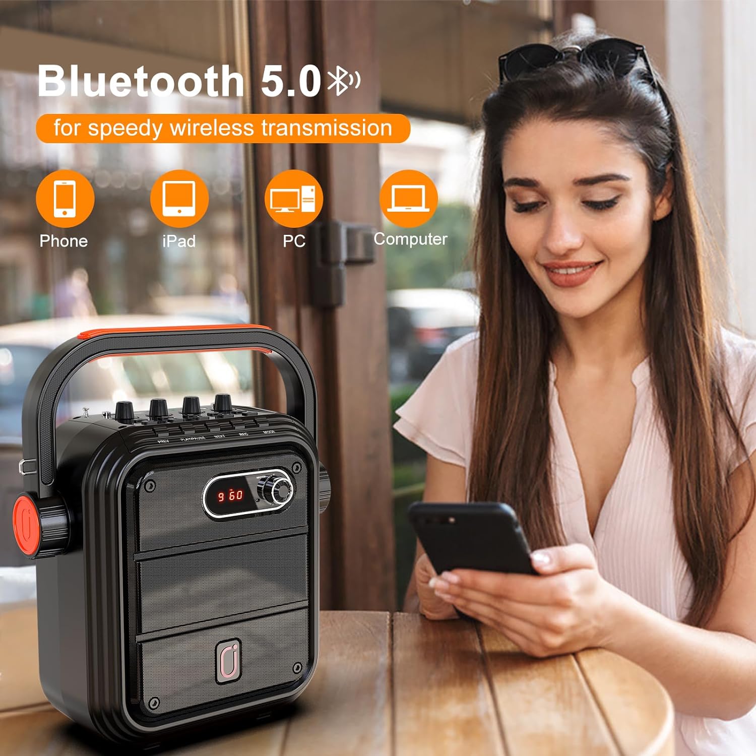 JYX Karaoke Machine with 2 Wireless Microphones, 5200mAh Portable Speaker Set Bluetooth 5.0 Rechargeable PA System with TWS, FM, REC