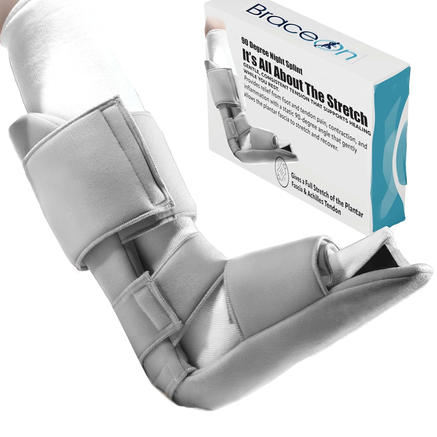 Brace On 90 Degree Night Splint, 3 Straps, Adjustable, Foam Wedge, Medium | Fits Men's Shoe Size 6-8 and Women's 7.5-9.5, Overnight Positioning, Ultra-Soft Materials, Removable Foam Wedge