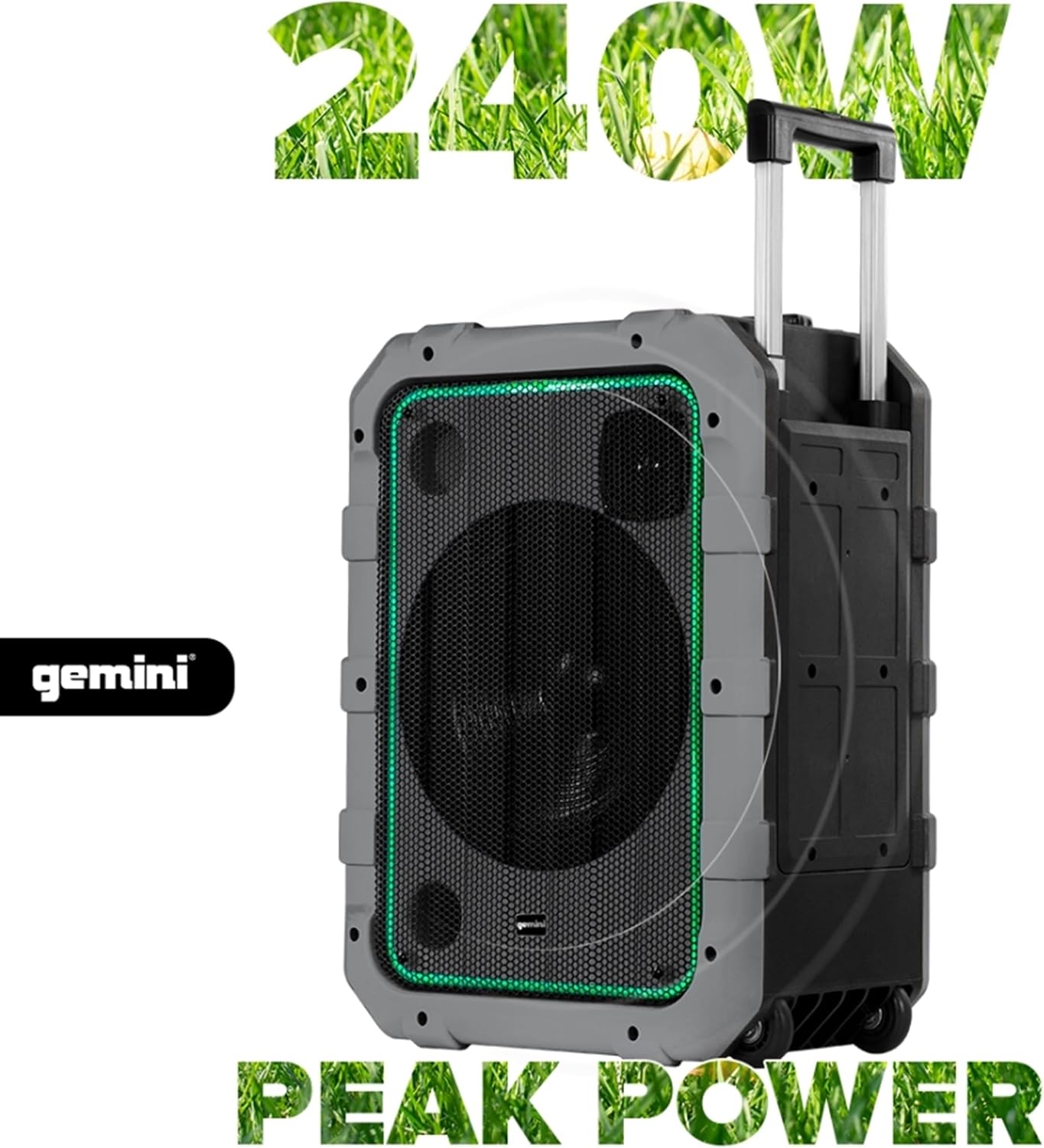 Gemini Portable Party Speaker with Wheels, LED & Mic, Gray (MPA-2400)