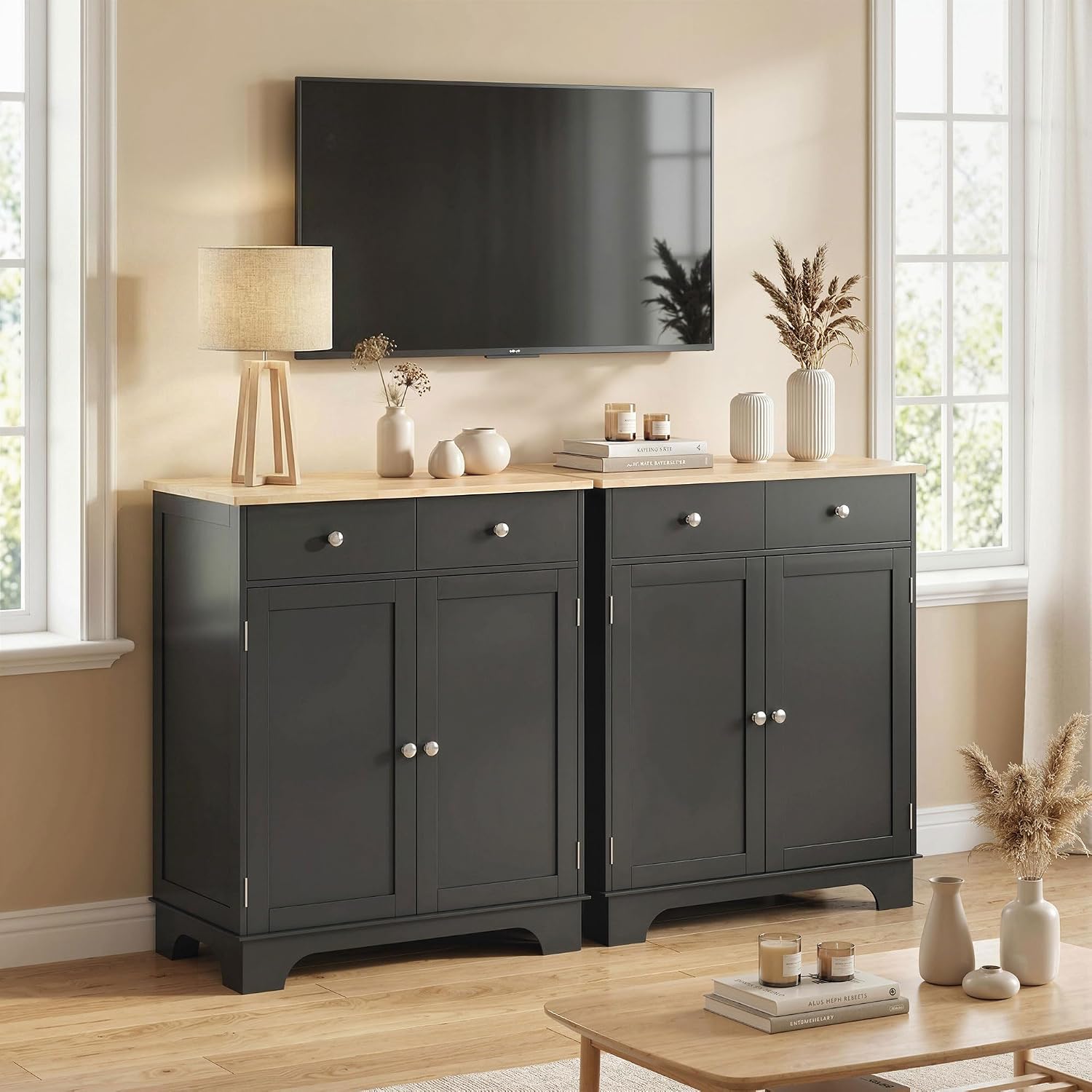 HOMCOM Sideboard Buffet Cabinet Solid Wood Countertop White