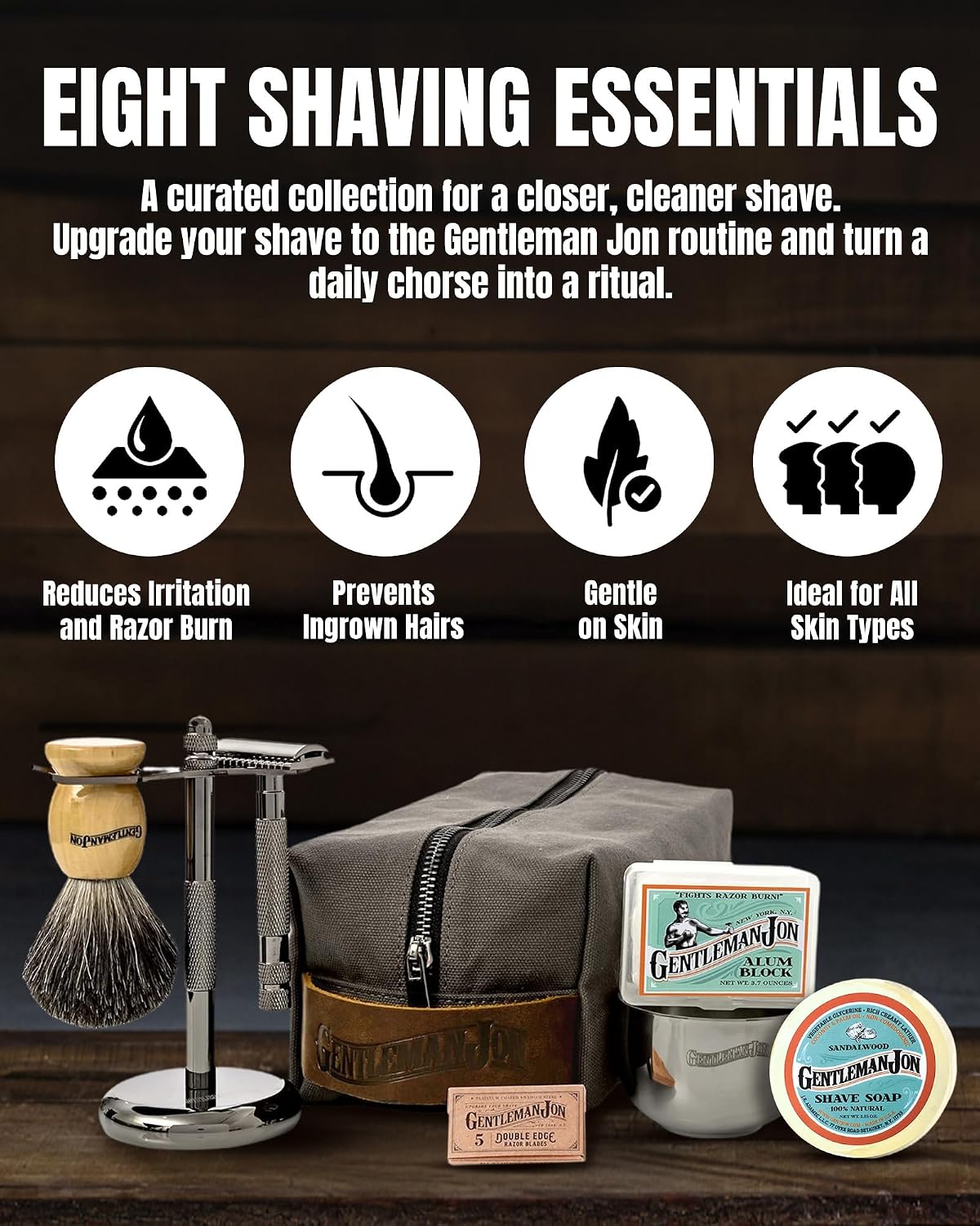 Gentleman Jon Deluxe Vintage Shaving Kit - 8pc Men's Safety Razor Gift Set