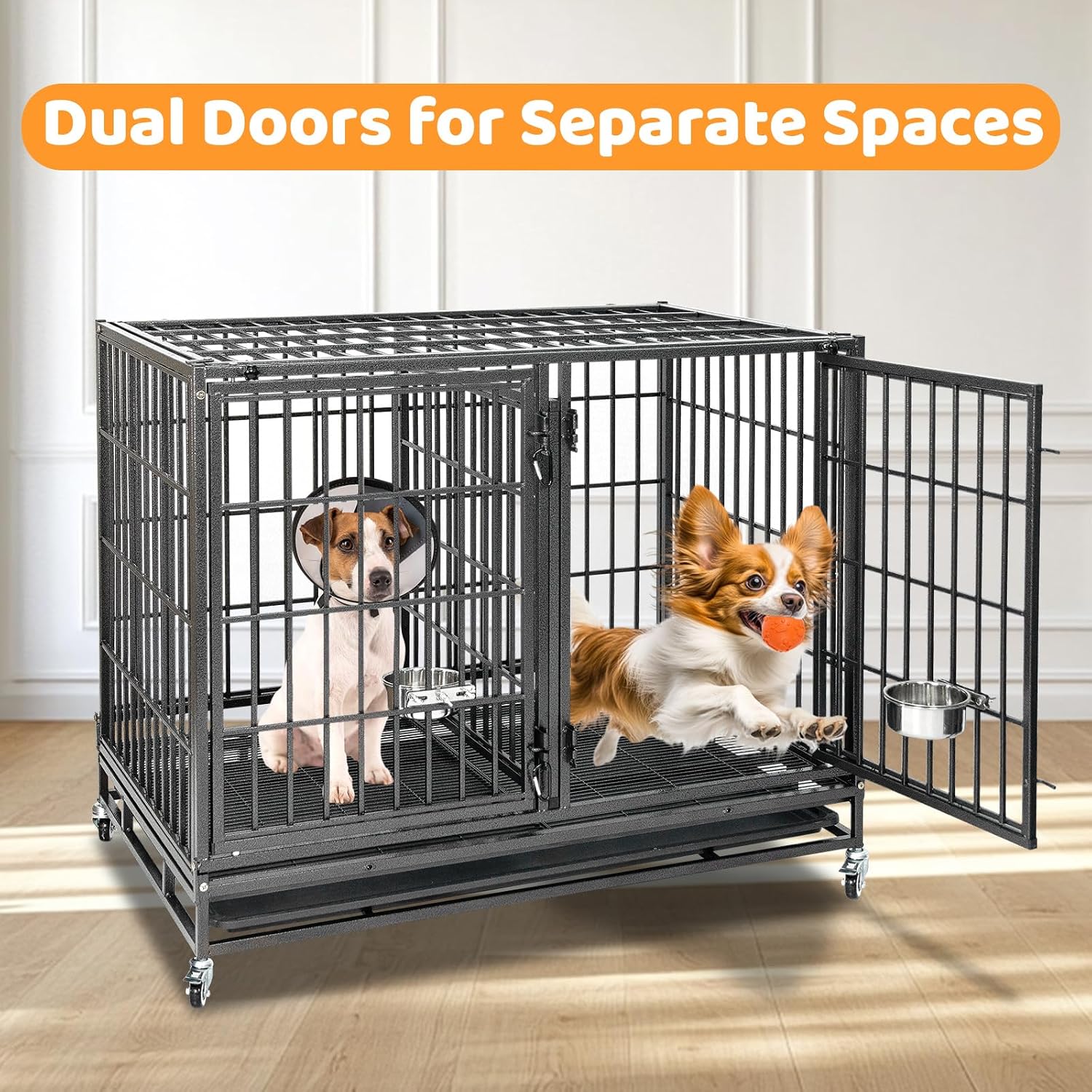 Homey Pet Taller 43" Heavy Duty Double Dog Crates with Divider & Dual Door | Drop Cage for Dogs with Lockable Wheels, Bowls, Removable Tray, Top Access, Ideal for Small to Medium & Large Dogs, Breeders