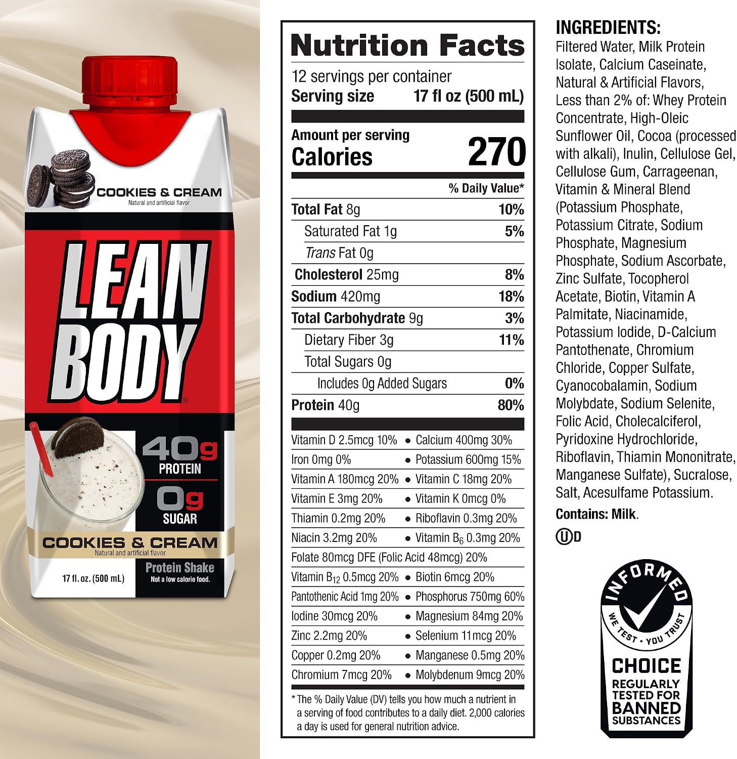 Labrada Lean Body Ready-to-Drink Chocolate Protein Shake, 40g Protein, Whey Blend, 0 Sugar, Gluten Free, 22 Vitamins & Minerals, LABRADA, 17 Fl Oz (Pack of 12)