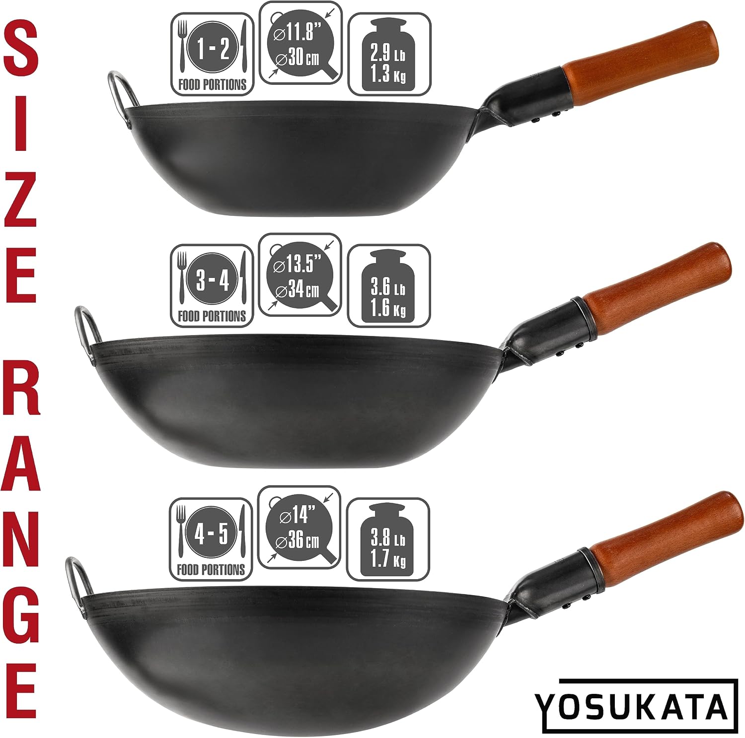 YOSUKATA 13.5" Pre-Seasoned Flat Bottom Black Carbon Steel Wok for Stir Fry