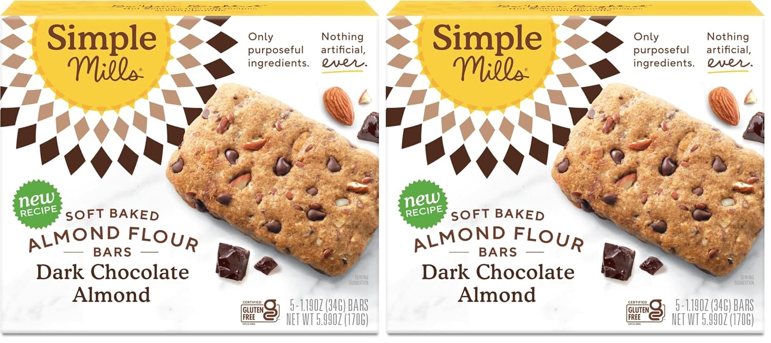 Simple Mills Soft Baked Dark Chocolate Almond Flour Bars, 5 ct, 1.19 oz each