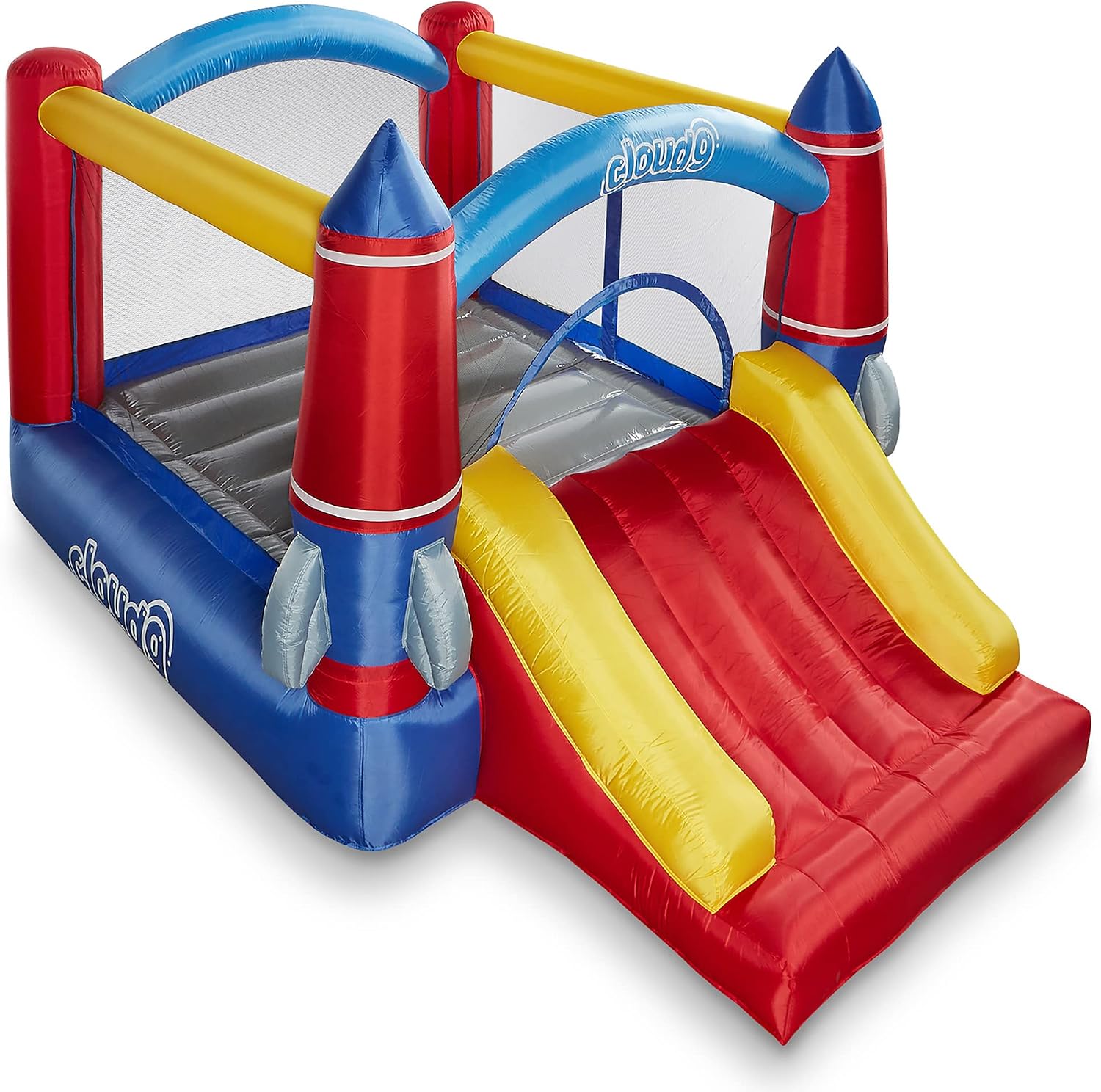 Cloud 9 Inflatable Bounce House and Blower, Rocket Theme Bouncer for Kids with Slide, Includes Stakes and Repair Patches