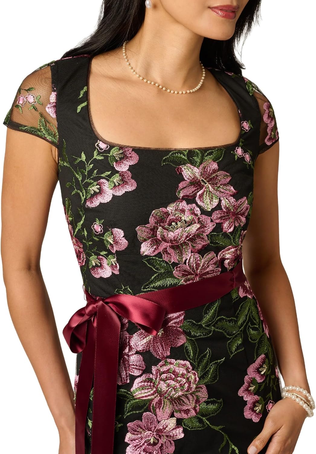 Adrianna Papell Cascading Floral Embroidered Long Column Gown