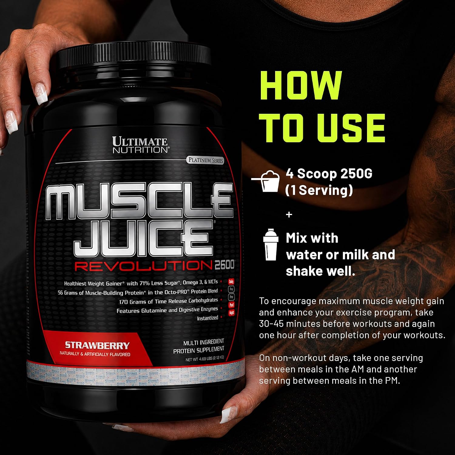 Ultimate Nutrition Muscle Juice Revolution 2600 Weight Gainer, Muscle Recovery with Glutamine, Micellar Casein and Time Release Complex Carbohydrates, Banana Protein Powder, 4.69 Pounds | 70g Octo-PRO™ Protein Blend, 175g Time-Release Carbs, 1000mg Gluta…