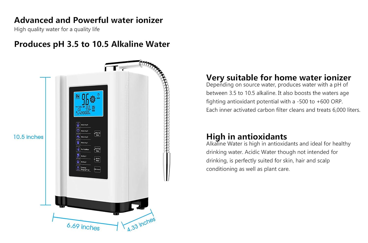 Water Ionizer, Water Purifier Machine PH 3.5-10.5 Alkaline Acid Water Machine, Up to -500mV ORP, 8000 Liters Per Filter, 7 Water Settings