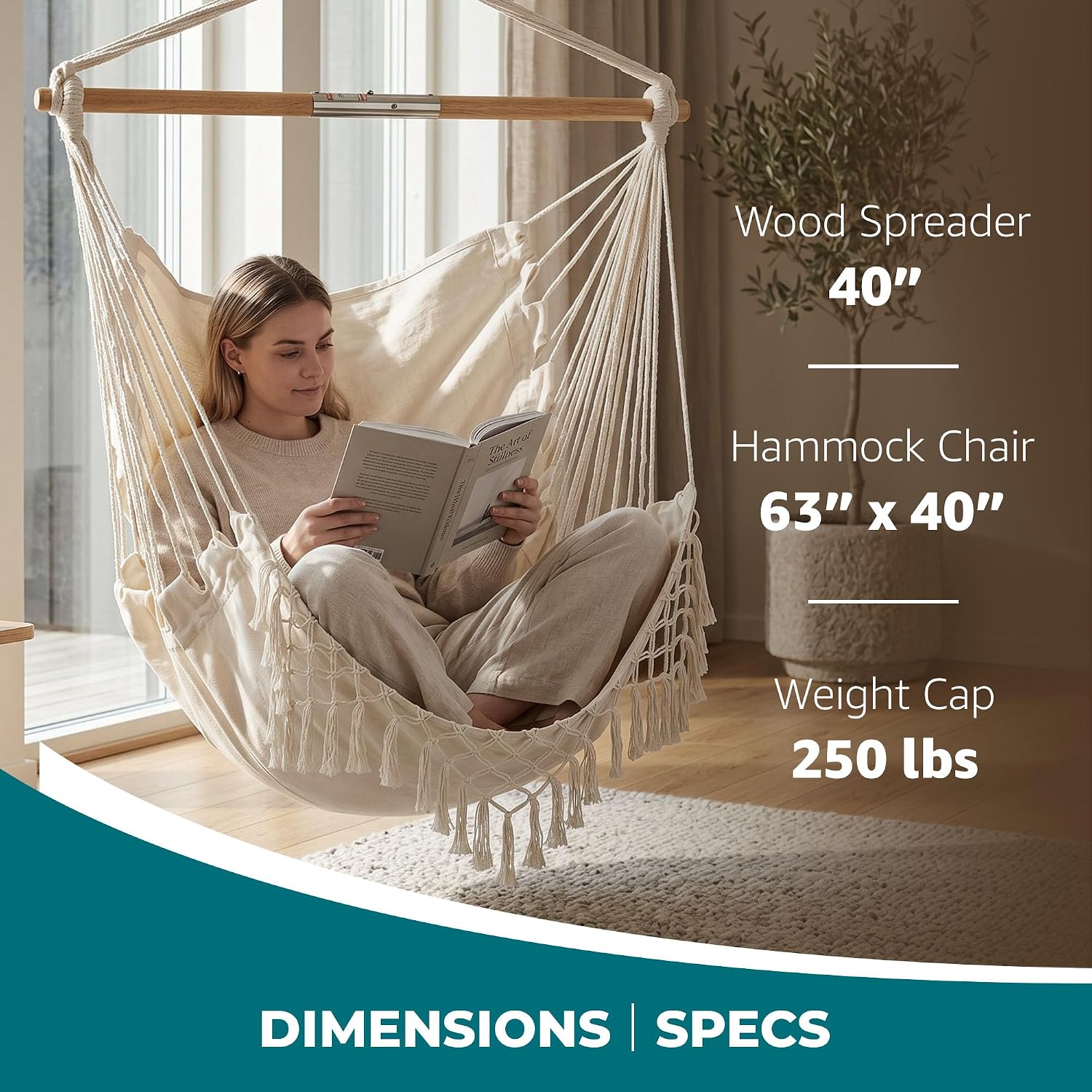 Bliss Hammocks BHC-412NT Island Rope Hammock Chair, Eco Friendly & Hand Woven, Varnish Coated 40 Inch Wood Spreader, Easy to Hang w/Included Hanging Kit, Supports up to 265 pounds, Natural Rope