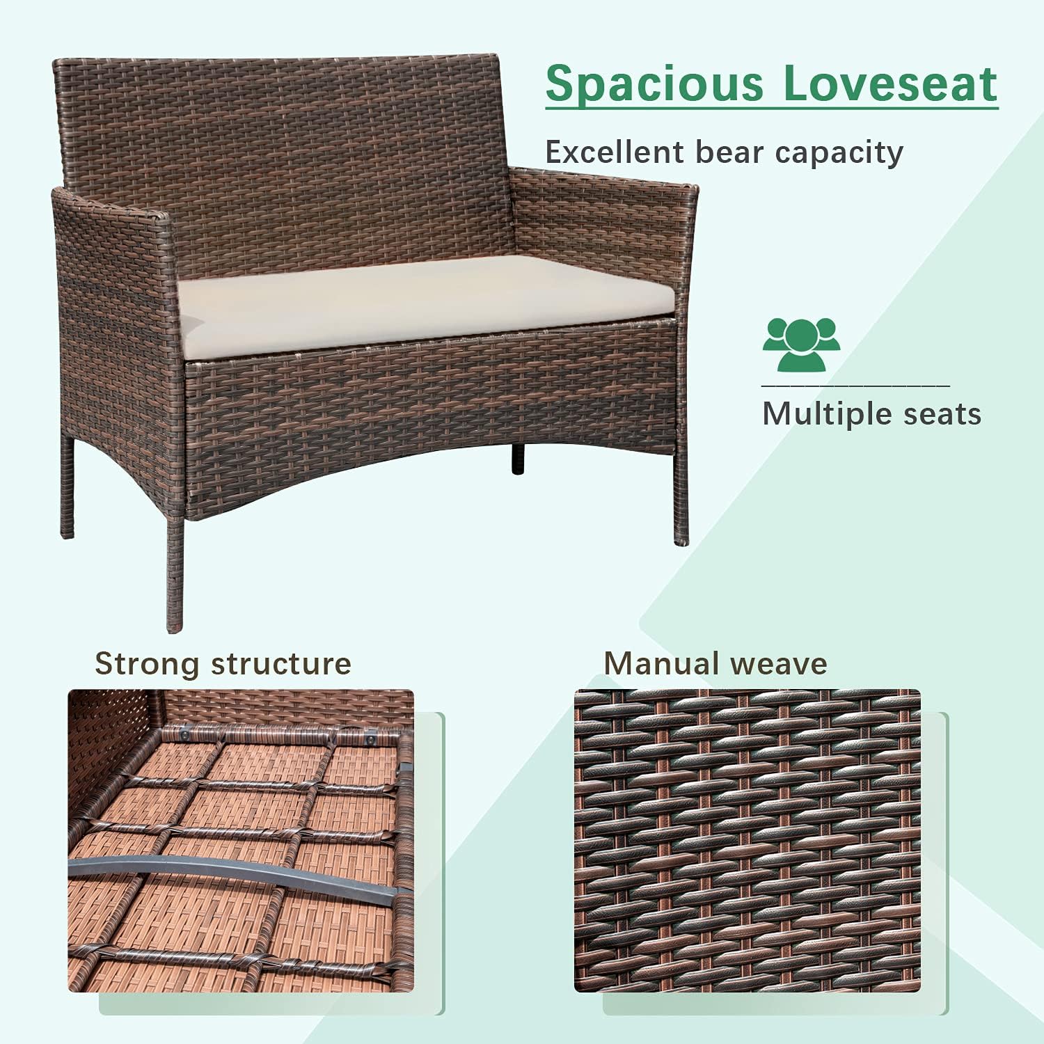 Greesum Patio Furniture 4 Pieces Conversation Sets,Brown and Beige